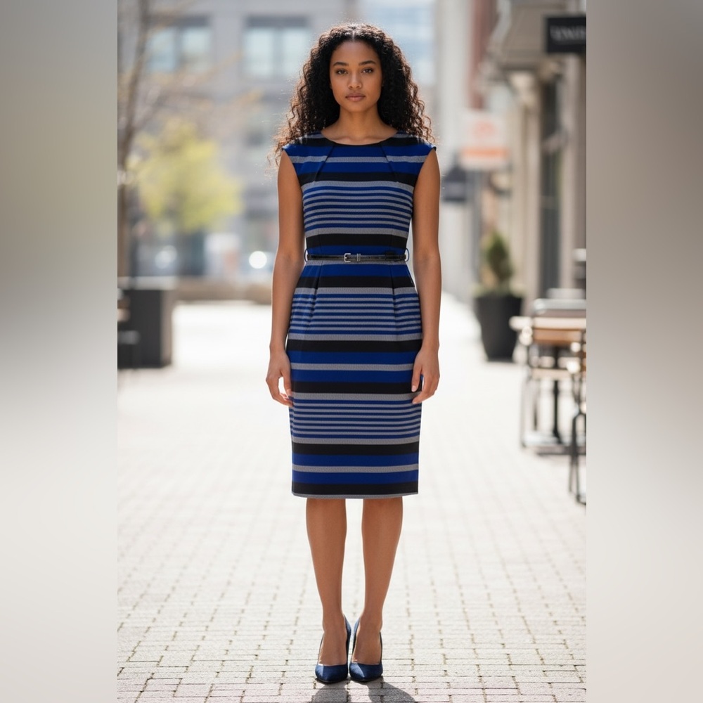 Calvin Klein Blue and Black Striped Midi Dress, no size on it. Fits like 6/8